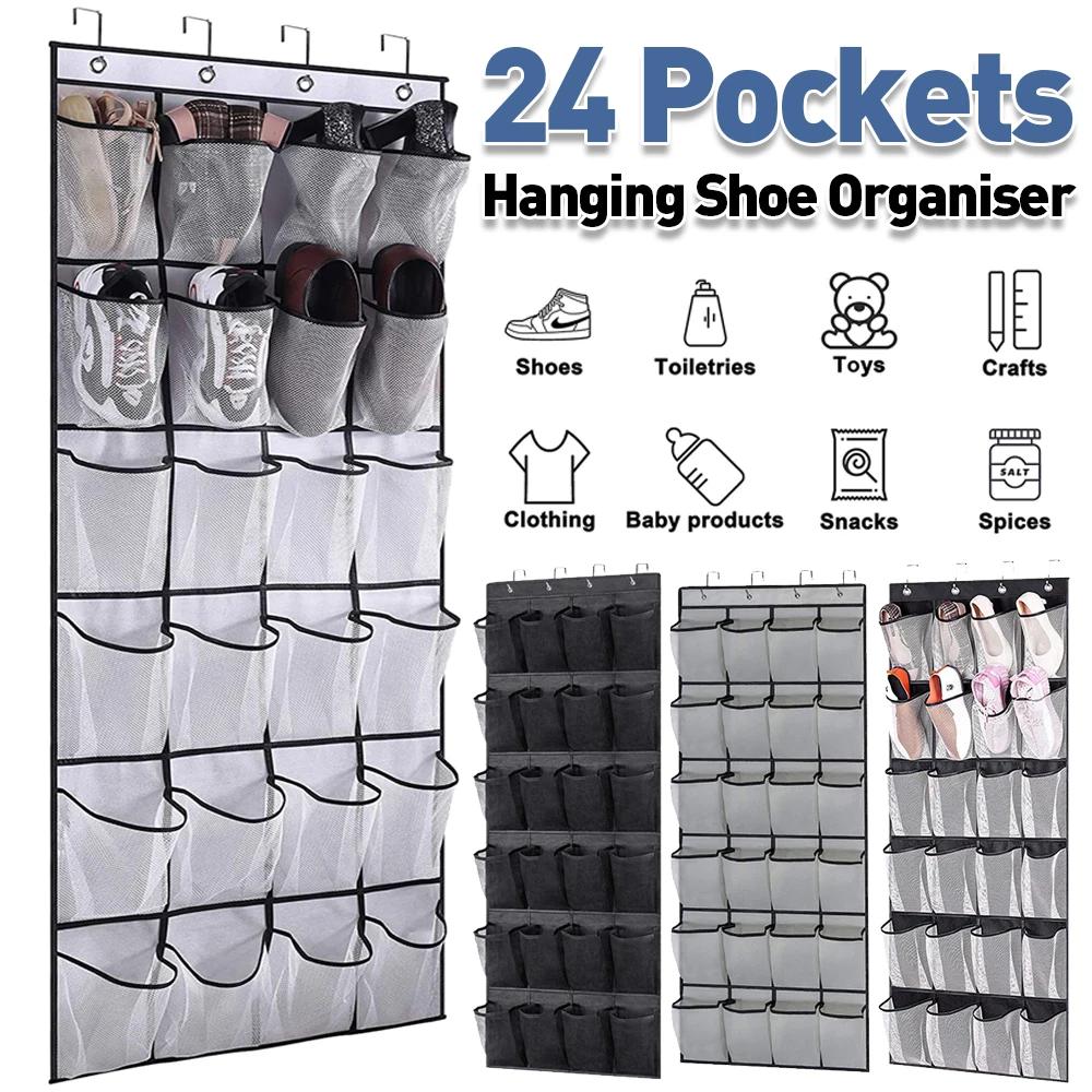 24 Pockets Wall-mounted Sundries Shoe Organiser Fabric Closet Bag Storage Rack Mesh Pocket Clear Hanging Over The Door Cloth Box