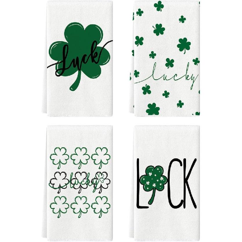 Artoid Mode Green Clover Shamrock Lucky St. Patrick's Day Kitchen Towels Dish Towels, 18x26 Inch Seasonal Decoration Hand Towels Set of 4