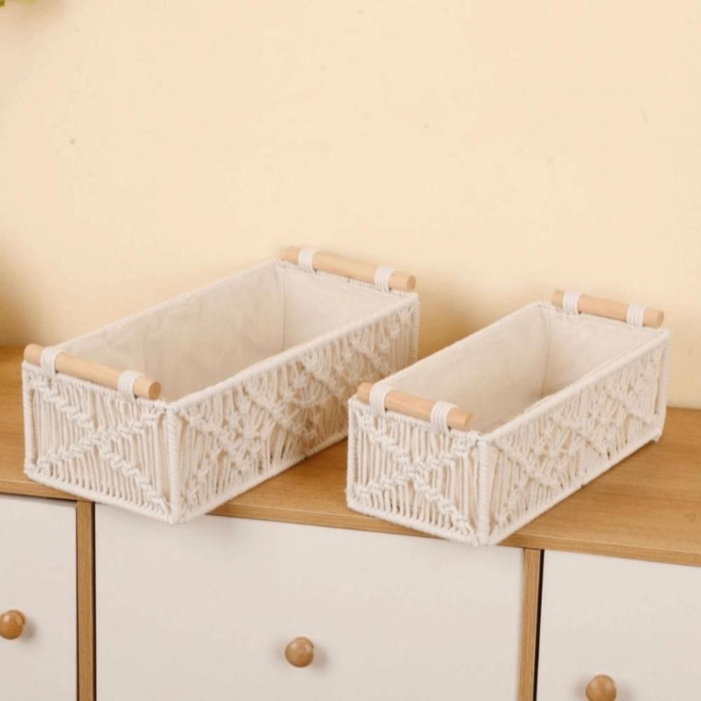 Cotton Rope Hand Woven Storage Box Decorative Grid Designed Macrame Organizer Box Boho Decor Sturdy Woven Storage Basket