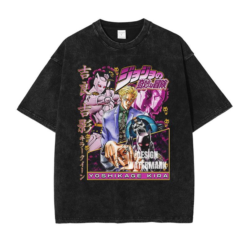 Hot Anime JoJos Bizarre Adventure Kira Yoshikage Giorno Giovanna Cool Print Tshirt Unisex Washed Cotton T Shirts Harajuku Tshirt