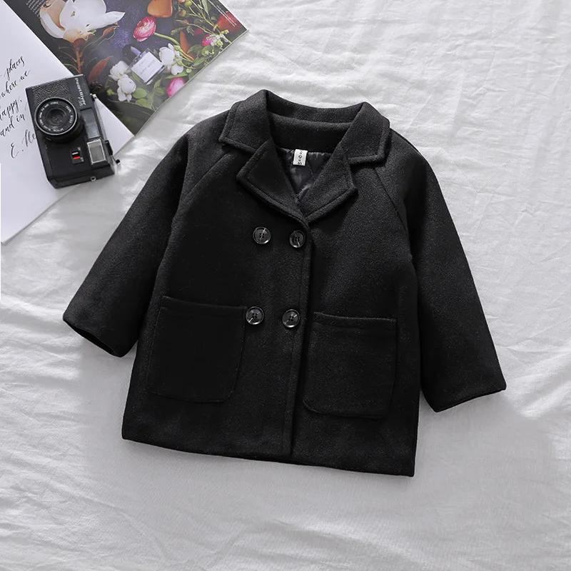 Autumn Boys Fashion Jacket Solid Color Lapel Double-Breasted Long Woolen Overcoat for 2-6 Years Boys Handsome Outwear