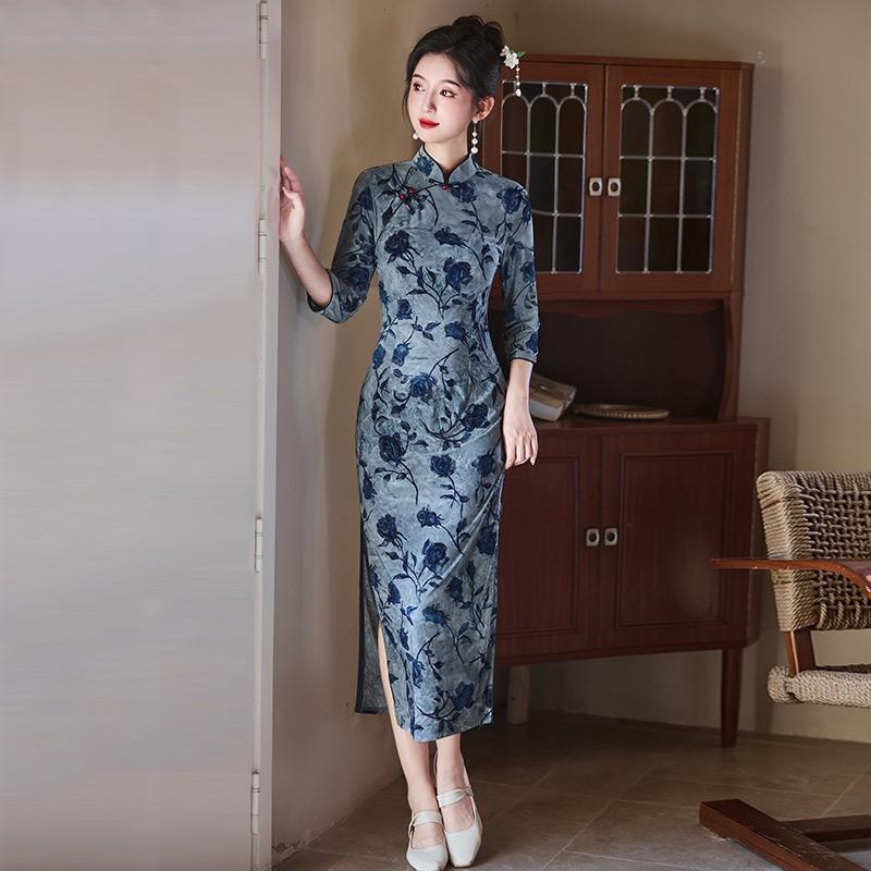 Womens Modern Cheongsam Dress Long Sleeve Vintage Style Slim Fit Cotton Blend Small