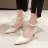 Beaded Lolita Mary Janes Women High Heels Shoes  New Spring Bow Thick Pumps Designer Ladies Wedding Pointed Toe Sandals