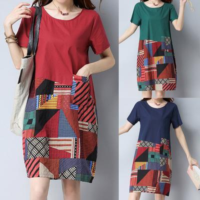 Women Casual Cotton Linen Round Neck Short Sleeve Loose Print Dress
