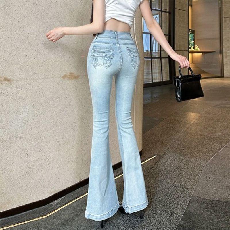 

K-style Fashion Sweetheart Bows Less Mid-High Waist Silm Slim Looking Fengqi Hip Lifting Slightly Pull Denim All Year Round Wearable Light blue(Figure) XL