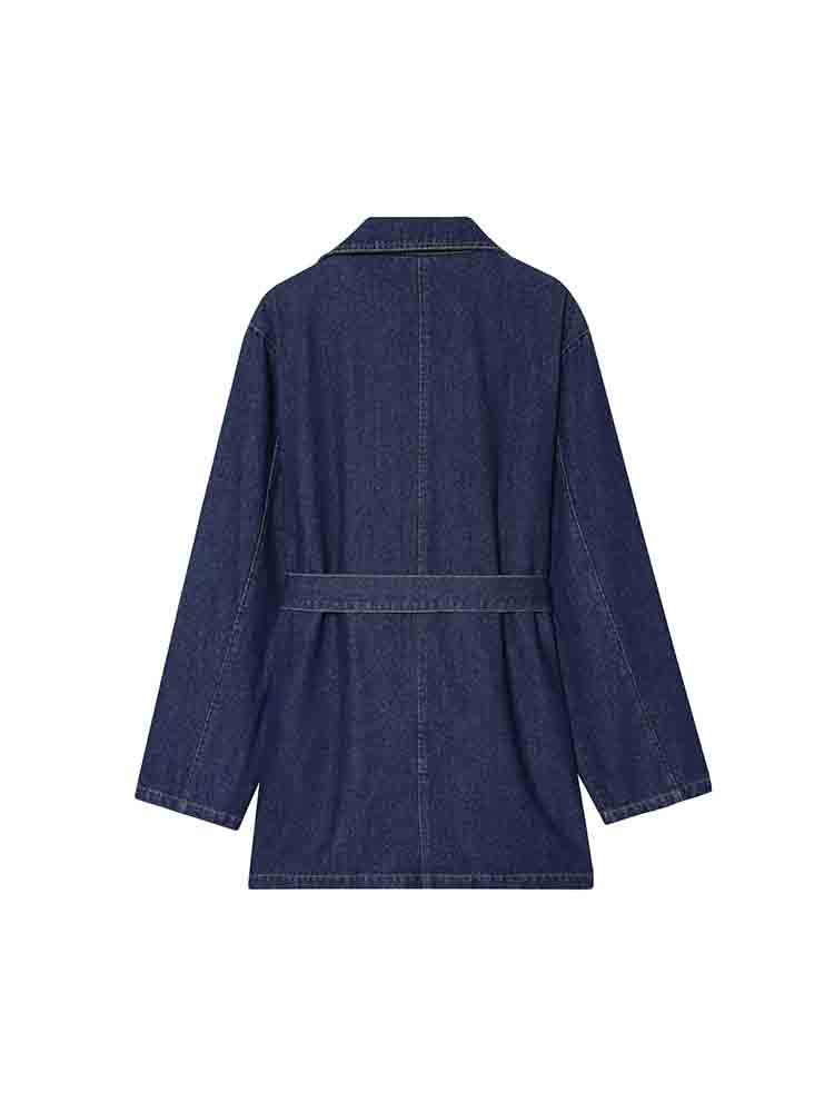 Giacca di jeans primaverile da donna: Versatile Manica Lunga, Collo a Revers, Monocolore con Cintura