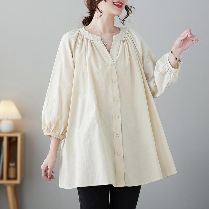 

Весенне-летняя женская однотонная рубашка с v-образным вырезом и рукавами-фонариками, хлопково-льняная рубашка больших размеров 2XL абрикосовый