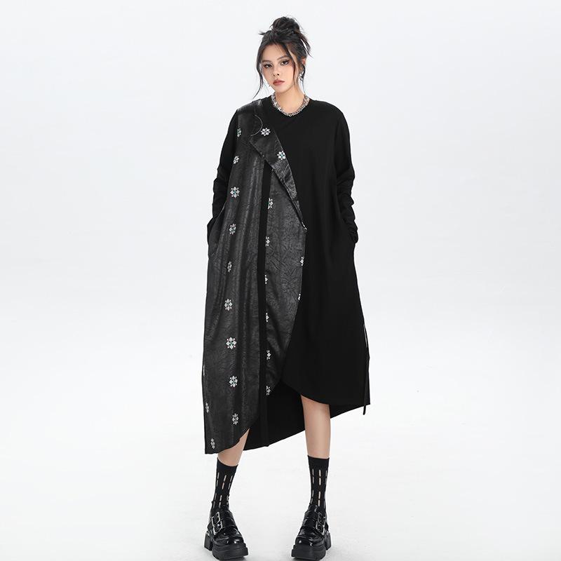 Xitao Vintage Embroidery Patchwork PU Fake Two Piece Dress Women GJ1229
