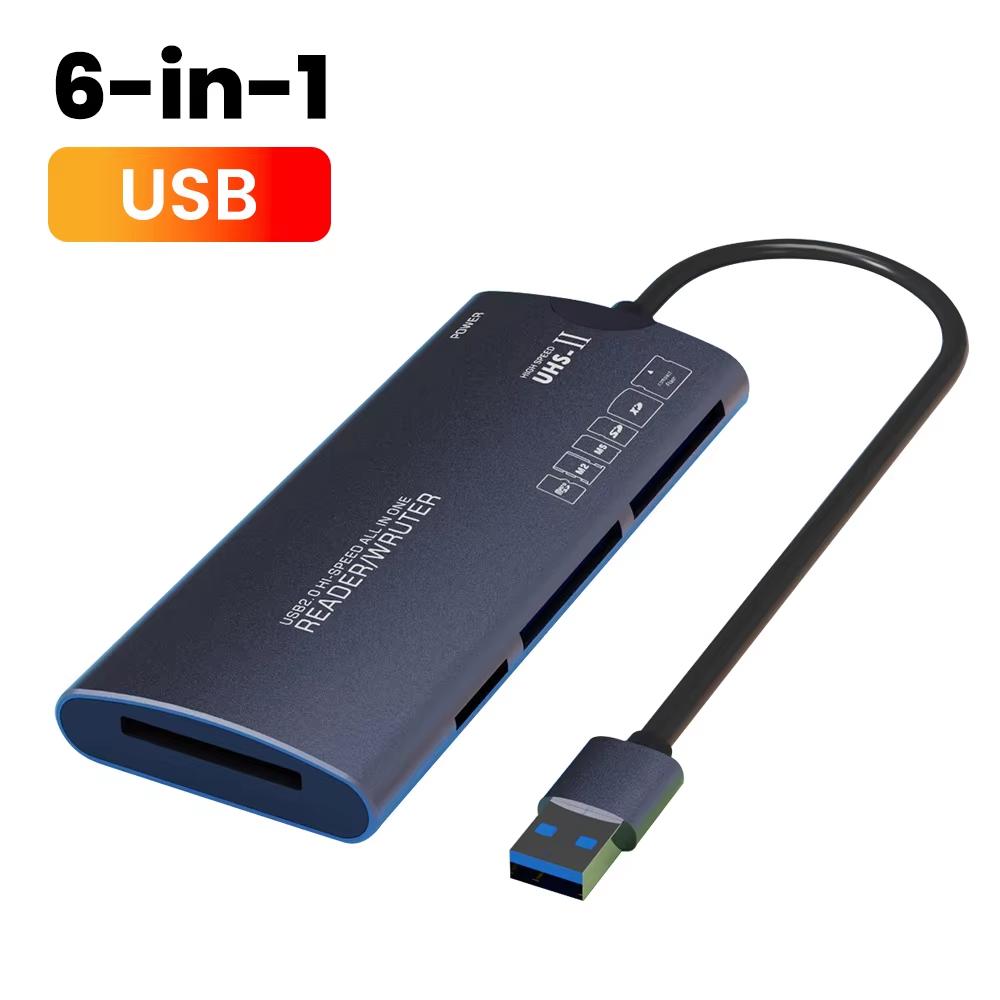 6 In 1 Card Reader SD TF XD CF M2 Memory Card Reader USB Adapter Type C High Speed Data Transfer Cardreader For Laptop