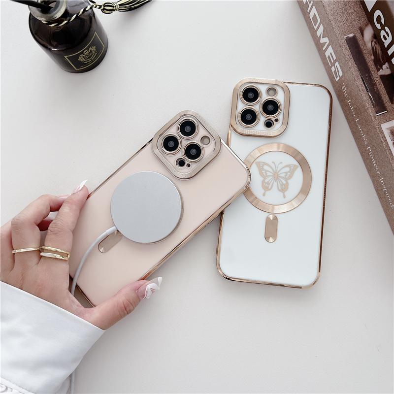 Pour iPhone 16 Pro Max Luxe Magsafe Magnétique Placage Papillon Coque de Téléphone Pour iPhone 11 12 13 14 15 16 Plus Couverture Protectrice