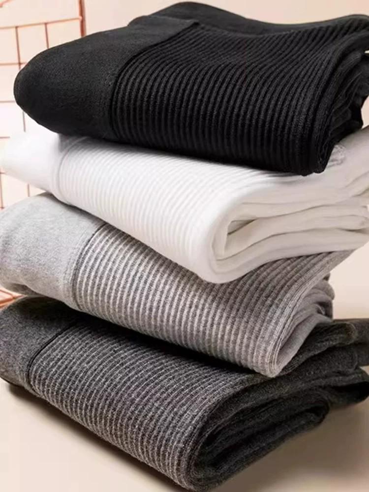 Gray High-Waist Ribbed Leggings for Women – Versatile, Slimming, Plus Size, Stretchy Patchwork Pants for Spring & Autumn