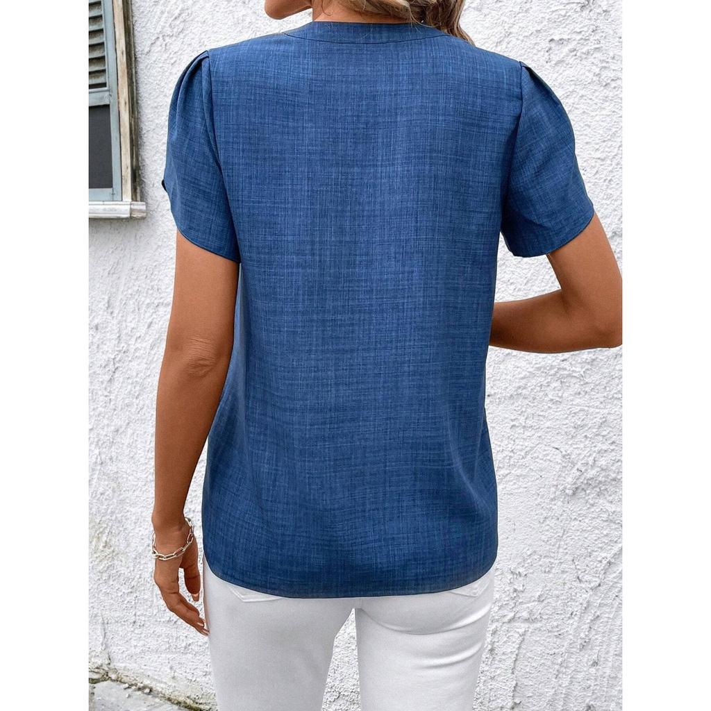 GMXIA Spring Summer Semi-open Collar Short Sleeve Shoulder Crepe Pullover Solid Color Printed Inch Shirt T Top Women