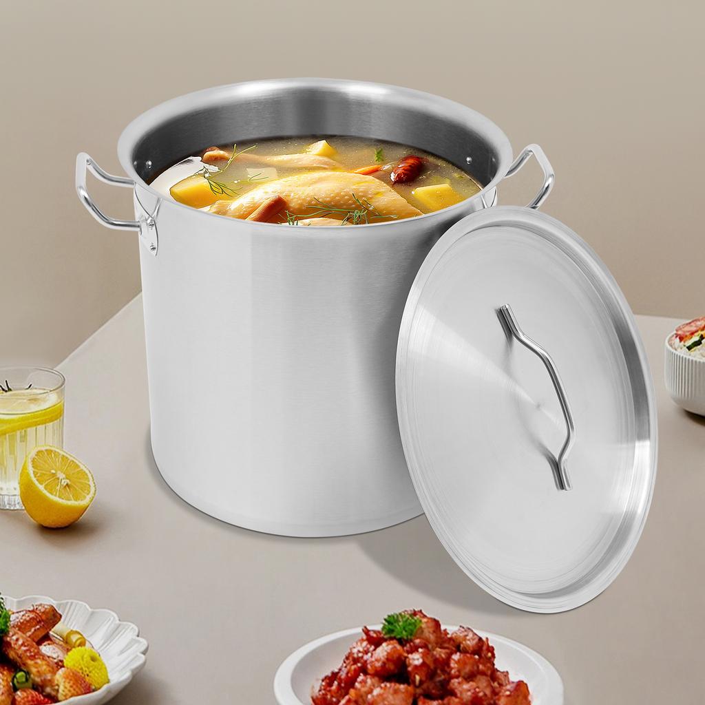 25L/33L Stainless Steel Stock Pot,Silver Universal Soup Pot with Lid for Schools, Breakfast Bars