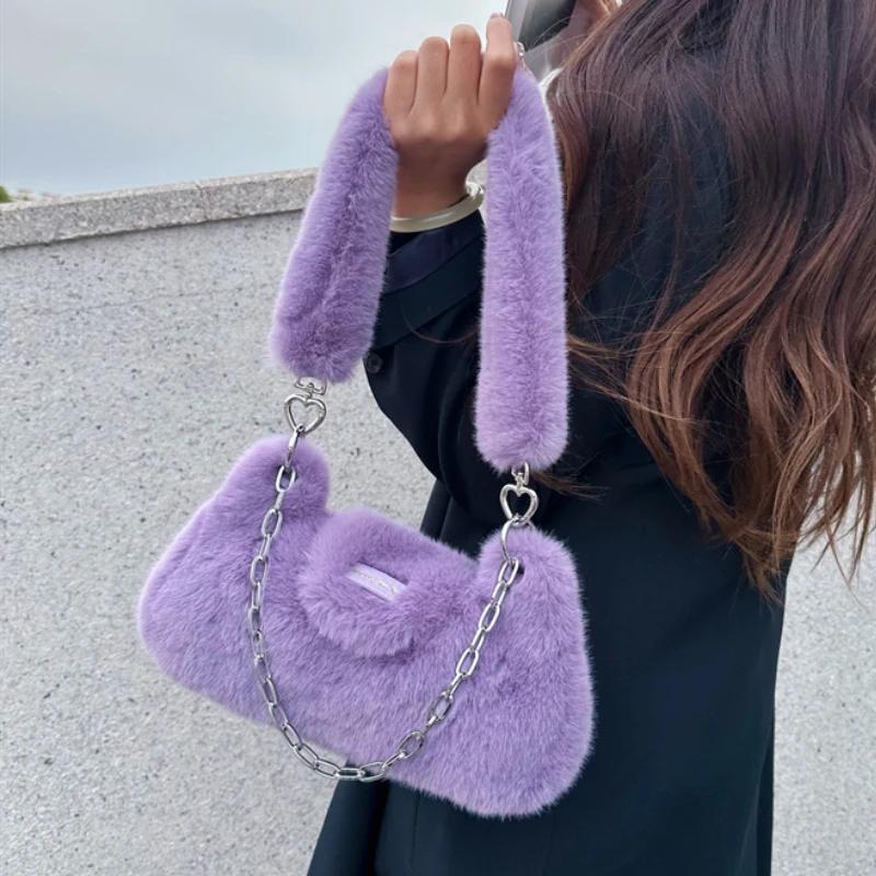 Fashion Solid Color Fake Fur Women's Shoulder Bag Sweet Luxury Plush Ladies Armpit Bags Simple Chain Female Handbag Purse