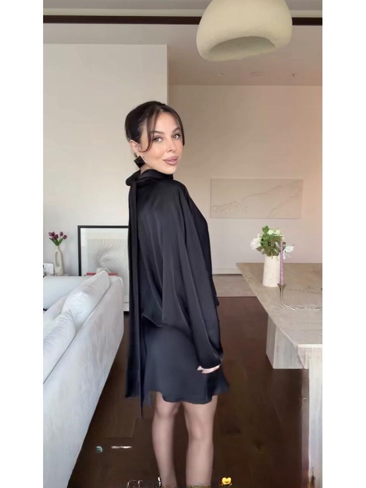 2026 Trendy European & American High Neck, High Waist Satin Long Sleeve Solid Color Short Dress