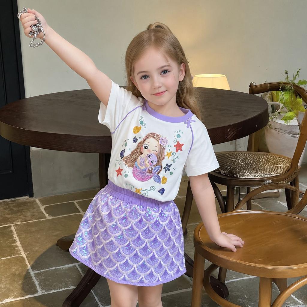 Set Vestito Corto con Sequin Sirenetta per Bambina per l'Estate