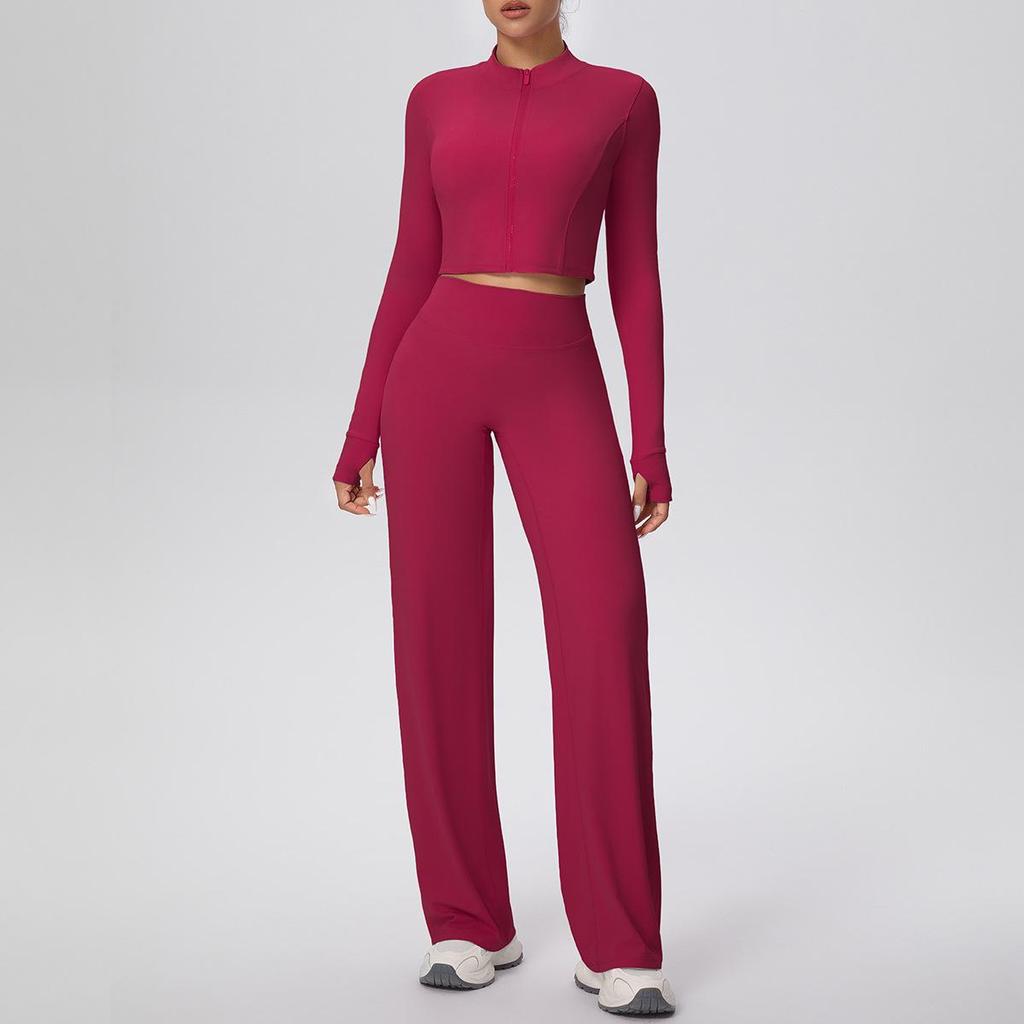 New Cross-border Solid Color Zip Jacket & Wide Leg Yoga Suit - Two-piece Fitness Set