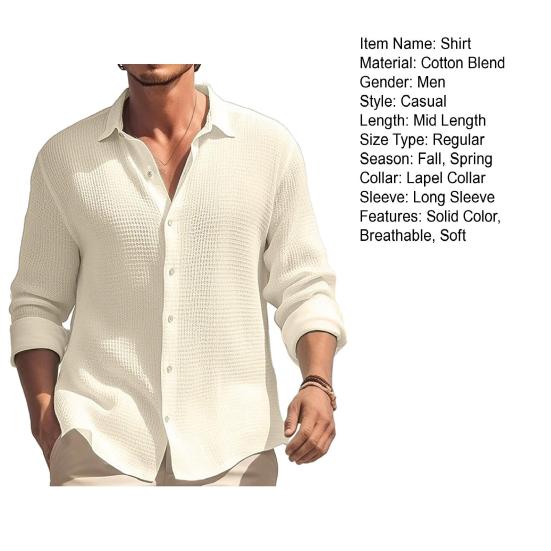 Men Fall Spring Shirt Lapel Single-breasted Solid Color Loose Long Sleeve Casual Soft Breathable Mid Length Men Daily Top