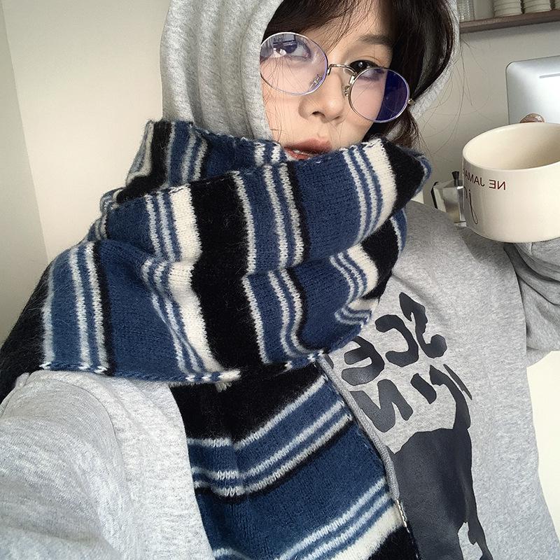 Falling Pool Women's Retro Striped Knit Scarf - Fluffy, High-End, Soft Neck Warmer for Autumn/Winter