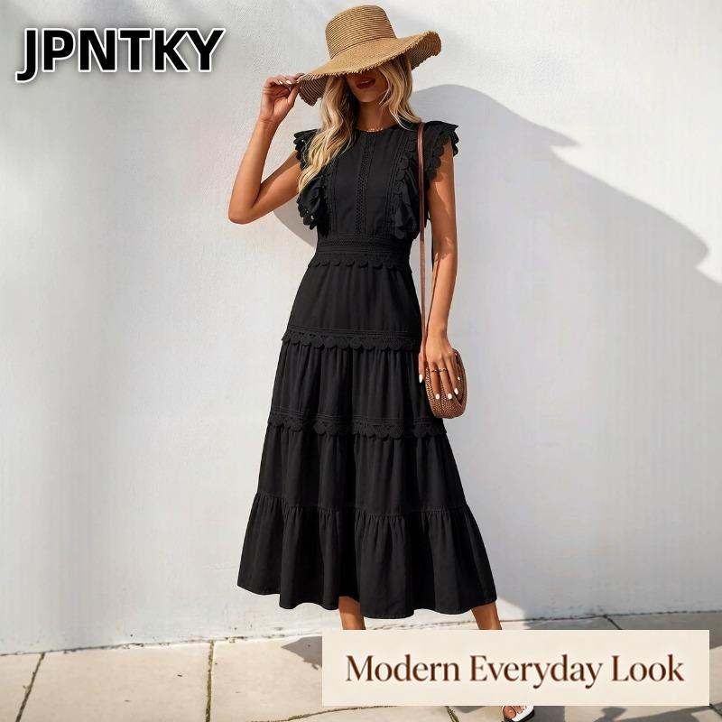 JPNTKY Fashion Solid Color Print O-Neck Sleeveless Casual Dresses