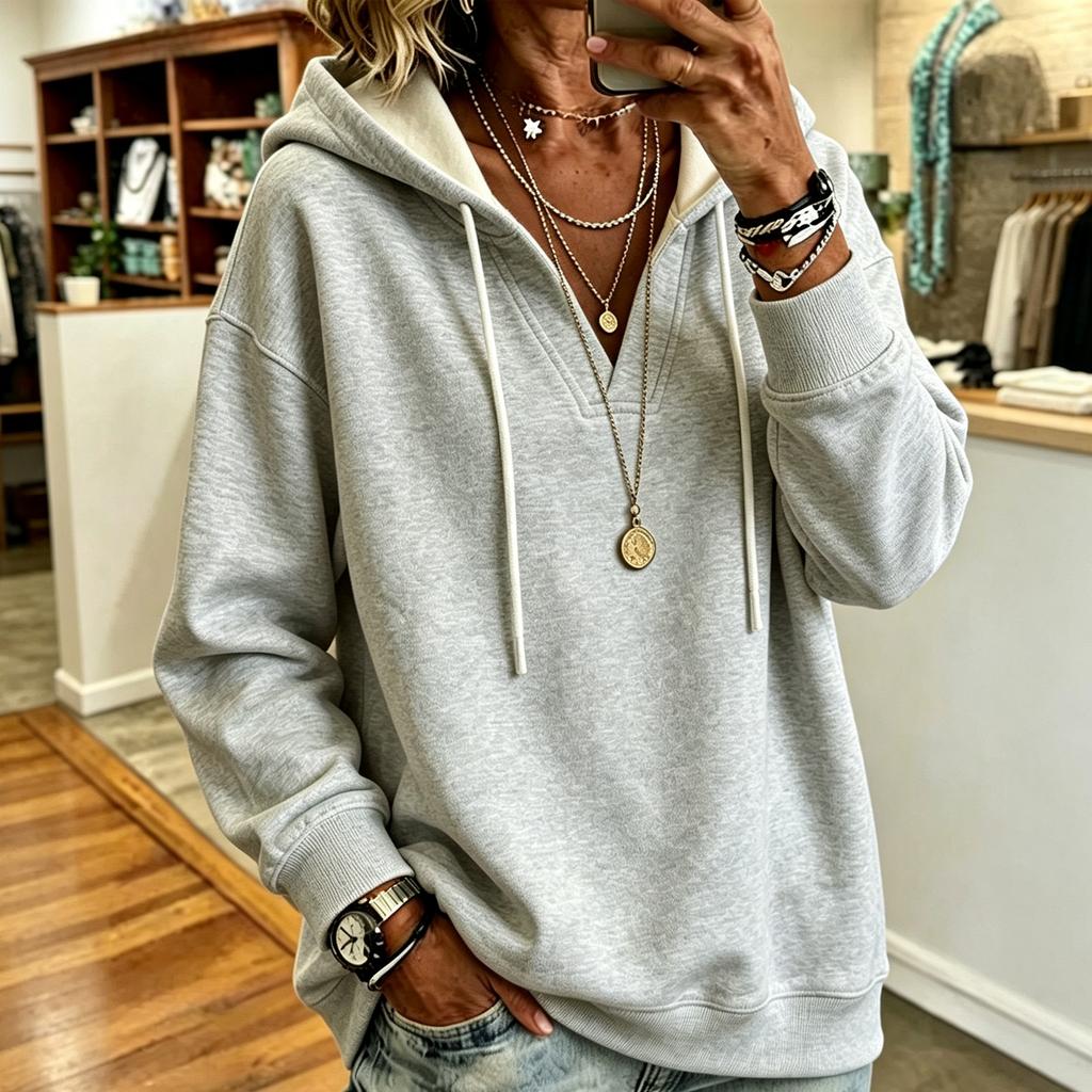 Women's Casual V-Neck Hoodie Color Pullover