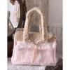Sweet Cute Plush Bow Tote Bag Women Ballet Style Lace Color Block Large Capacity Shoulder Bags Ladies Harajuku Versatile Handbag