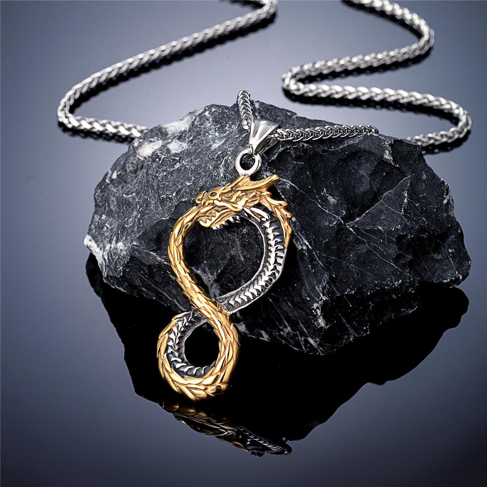 Punk Norse Viking Dragon Necklace Gold Stainless Steel Infinity Pendant Ouroboros Amulet Jewelry Gift for Men