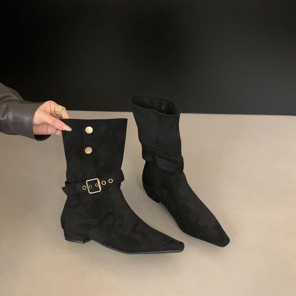 Vintage Pointed Thick Heel Skinny Boots Women's Season Two Wear Belt Buckle Martin Boots Western Boots Short Boots