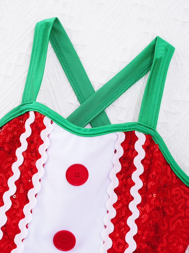 Mädchen Tanzkleid Ärmellos Überkreuzter Rücken Knopfleiste vorne Pailletten Plüschkugeln Dekor Rüschen Tüllnetz Kostüm