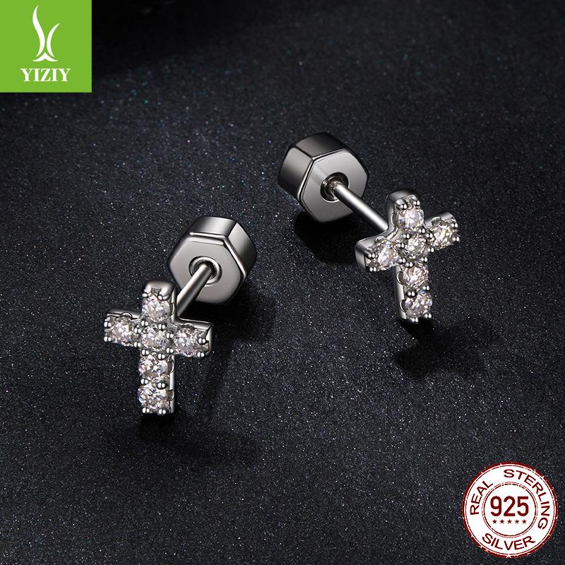 Cross Diamond Moissanite Stud Earrings Women'S Cross-Border Trend 925 Sterling Silver Shine Stud Earrings
