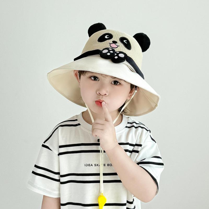 Children'S Sun Hat Summer Cute Handshake Panda Bucket Hat Outdoor Travel Breathable Sun Hat Whistle