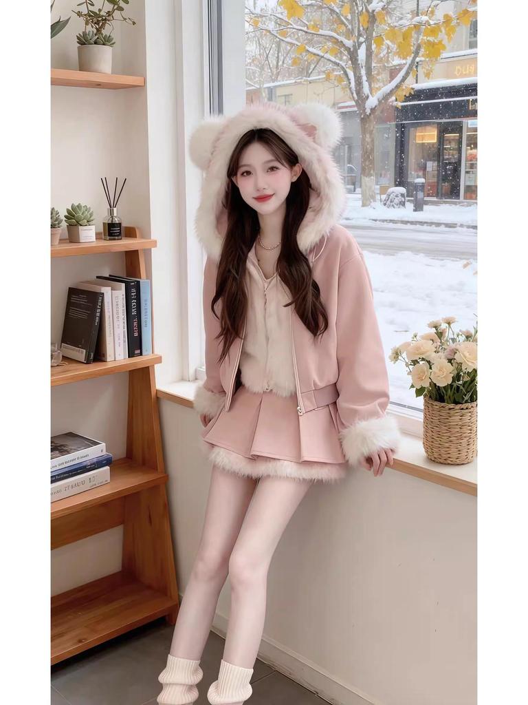 Dicke Rosa Blumen-Kapuzenjacke & Rock Set für Damen - Herbst/Winter Schulstil