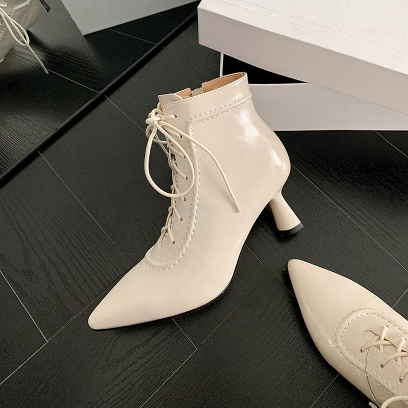 Fashion NEW Autumn Women Boots Pointed Toe Thin Heel Shoes Split Leather Shoes for Women Lace-up Zipper Ankle Boots Elegant Modern Boots