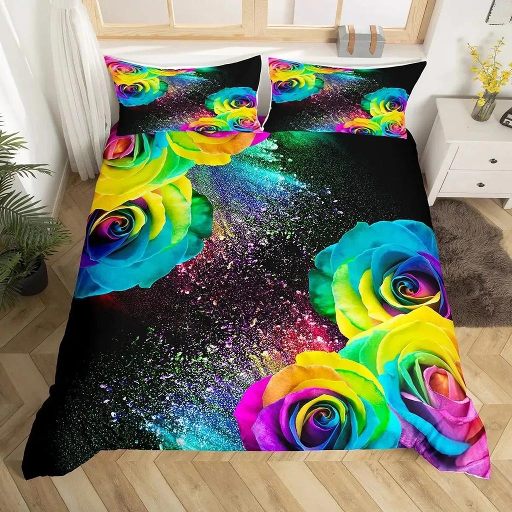 Girls Rainbow Rose Duvet Cover Set Colorful Rose Floral Bright Flowers Petal Comforter Cover Garden Fresh Bedding Sets Full Size