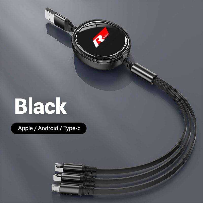 For VW 3In1 Retractable 100W Fast Charge Cable For iPhone USB Type C/Micro For Volkswagen VW R-line GTI R Polo Golf Passat Tig