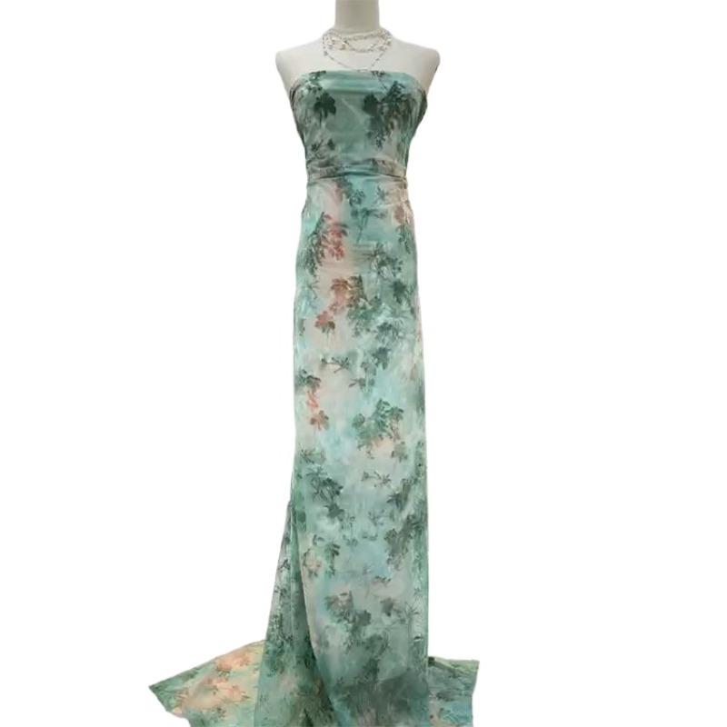 1yard Ocean Green Color Lace Tie-dye Flocking Fabric Burnout Jacquard Velour Cloth African Tulle Fabrics for Dress DIY Clothing