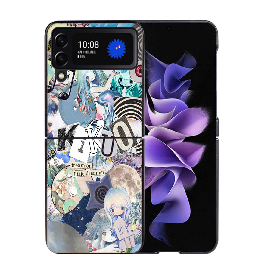 K-KikuoS Art Cute Phone Case For Samsung Z Flip 7 6 5G Galaxy Z Flip4 Z Flip5 Z Flip3 Coque Black Hard PC Shell Protective Cover