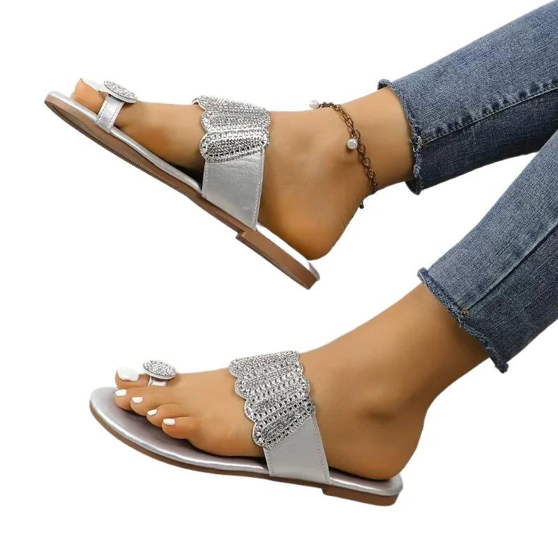 2025 Summer Pinch Toe Women's Slippers Crystal Beach Slippers Women New Plus Size Best Seller Flat Slipperszapatos Mujer