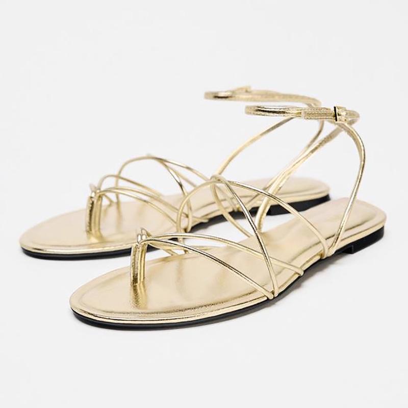 

Fashion Sexy Gold Cross Tied Brand Flat Sandals Women Comfortable Clip Toe Beach Flip Flops Fashion Ankle Strap Buckle Designer Shoes 35 золотой