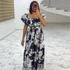 European and American Summer New African Women's Clothing Elegant Style Lotus Leaf Sleeve High Waist Big Swing Dress
