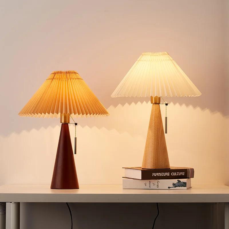 Nordic Retro Pleated Table Lamps LED Solid Wooden Desk Lights Study Reading Table Light for Bedroom Home Decoration Lighting E27
