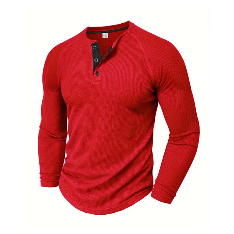 Męskie koszulki polo henley z dzianiny waflowej, z długim rękawem, gładkie, codzienne, sportowe, topy