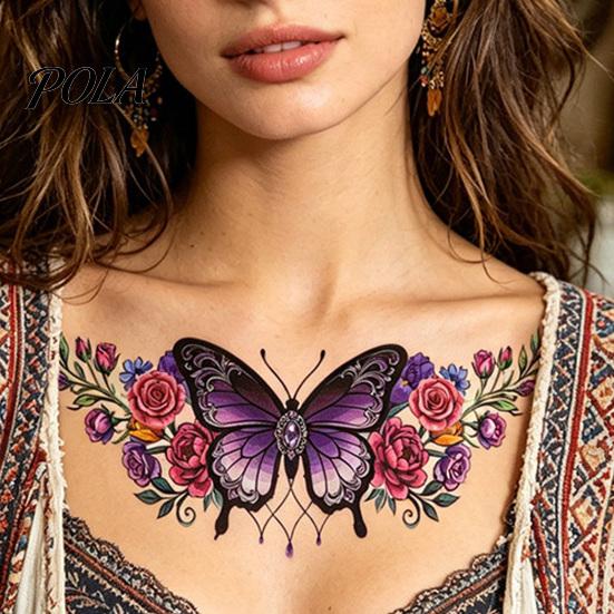5 Sheets Colorful Butterfly Flower Tattoo Stickers, Waterproof Temporary Body Art, Hypoallergenic Floral Chest Back Decals for Women Girls
