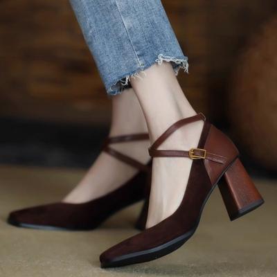Fashion Spring Autumn Designer Shoes Fashion Square Toe Thick Heel Retro Matte Sexy Trendy Cross Buckle Women's Shoes Zapatos De Mujer