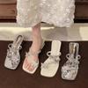 Women's Slip on Slippers 2025 Summer New Square Toe Rhinestone Chunky Sandals Butterfly Luxury Elegant Medium Heel Shoes
