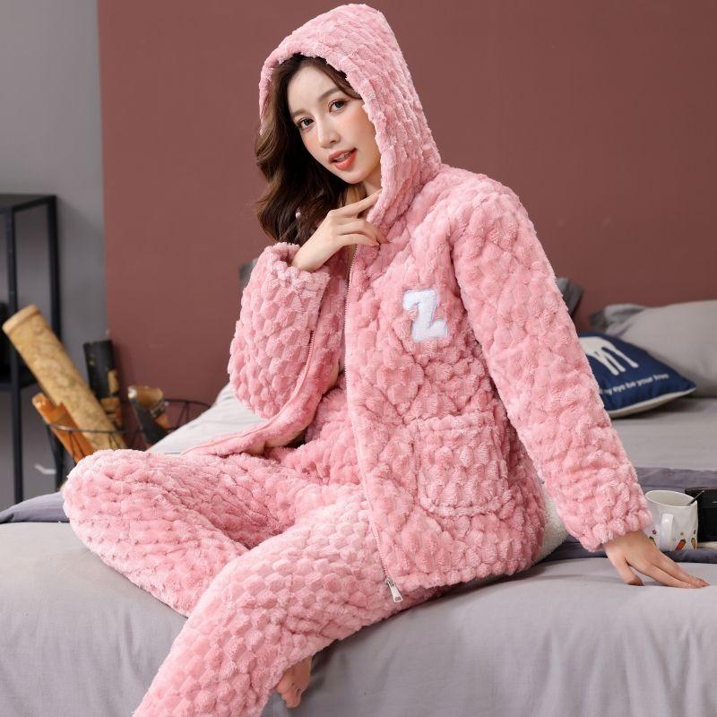 Pajamas women's winter three-layer thickened models fleece coral fleece warm padded cotton autumn and winter women's loungewear
