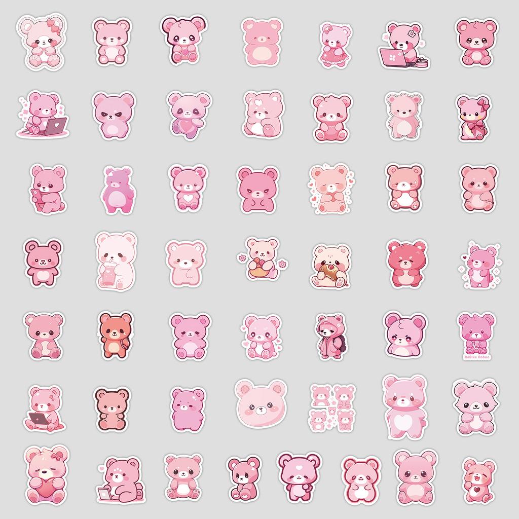 50 Sheets of Pink Bear Series Graffiti Stickers for Children's DIY Stationery, Water Cups, Luggage Decorations, and Other Decorative Stickers