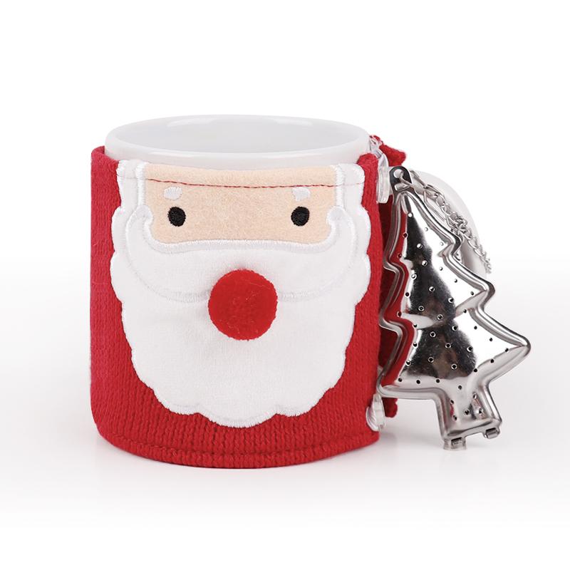 Christmas Ceramic Mug with Knitted Santa Sleeve & Tree Tea Infuser Festive Tea Cup Set Xmas Gift for Tea Lovers