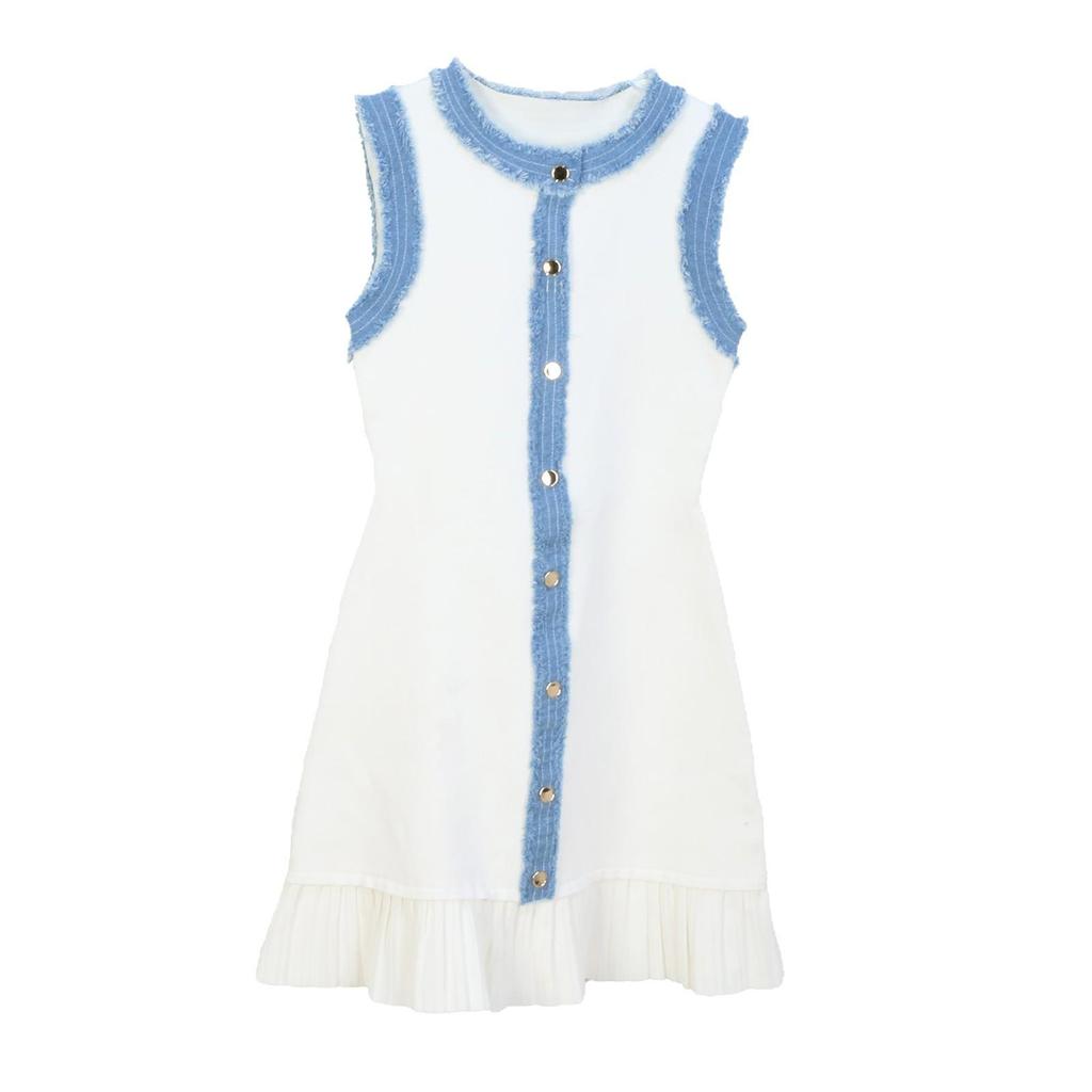 2025 Spring/Summer Elegant Sleeveless Denim Patchwork Dress with Pleated Hem