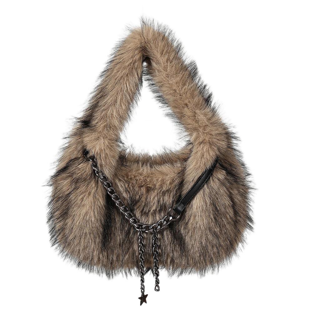 Portable Faux Fur Shoulder Bags Y2k Fluffy Tote Bag Portable Fluffy Hobo Bags Dating